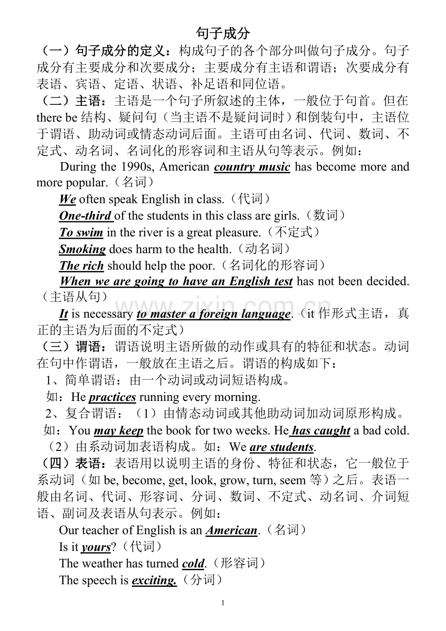 高中英语句子成分和句子类型讲解及配套练习 (讲课用).doc_第1页