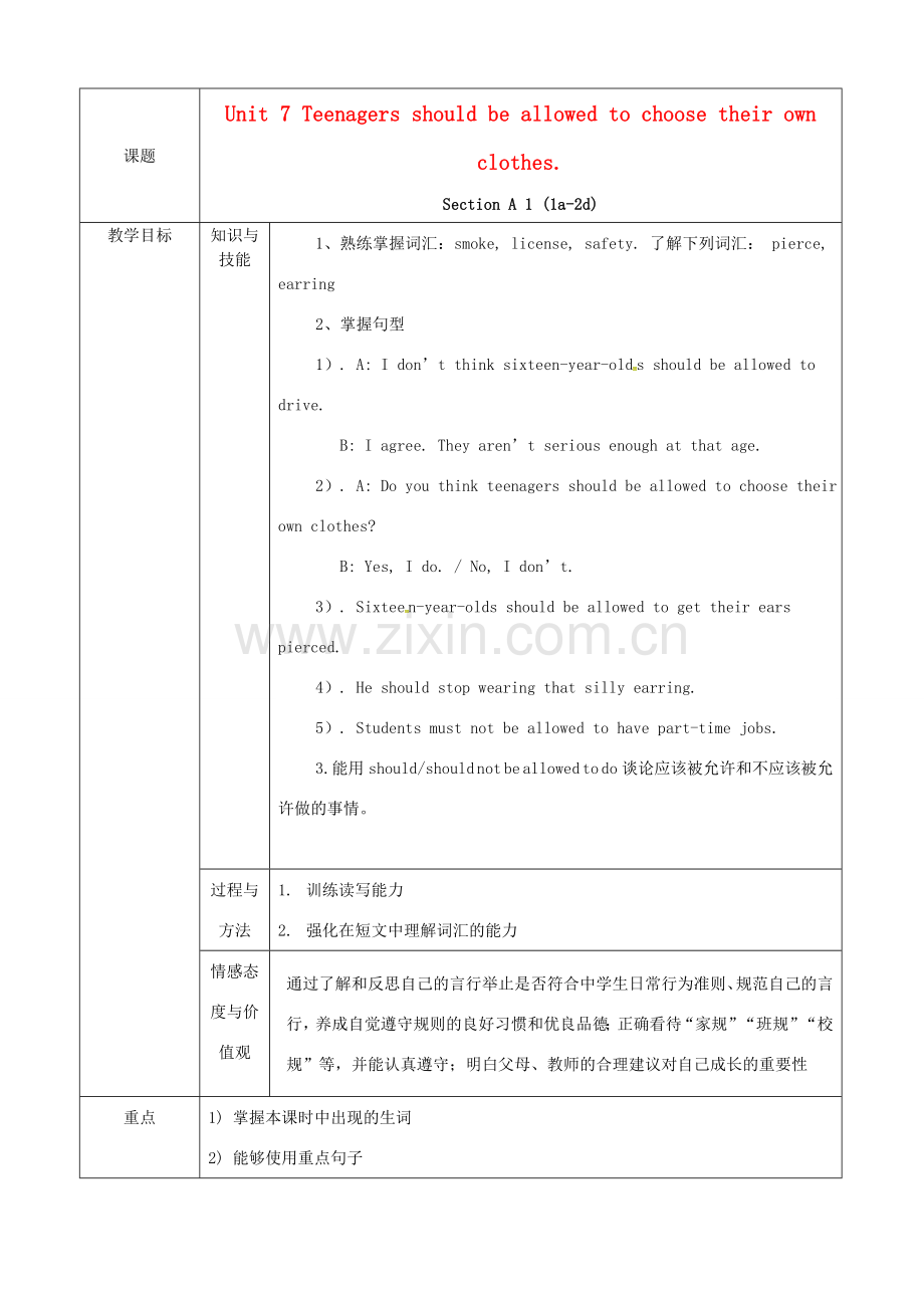 九年级英语全册 Unit 7 Teenagers should be allowed to choose their own clothes Section A（1a-2d）教案 （新版）人教新目标版-（新版）人教新目标版初中九年级全册英语教案.doc_第1页