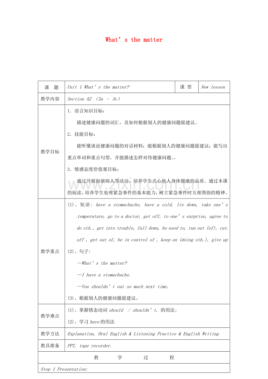 八年级英语下册 Unit 1 What’s the matter教案2 （新版）人教新目标版-（新版）人教新目标版初中八年级下册英语教案.doc_第1页