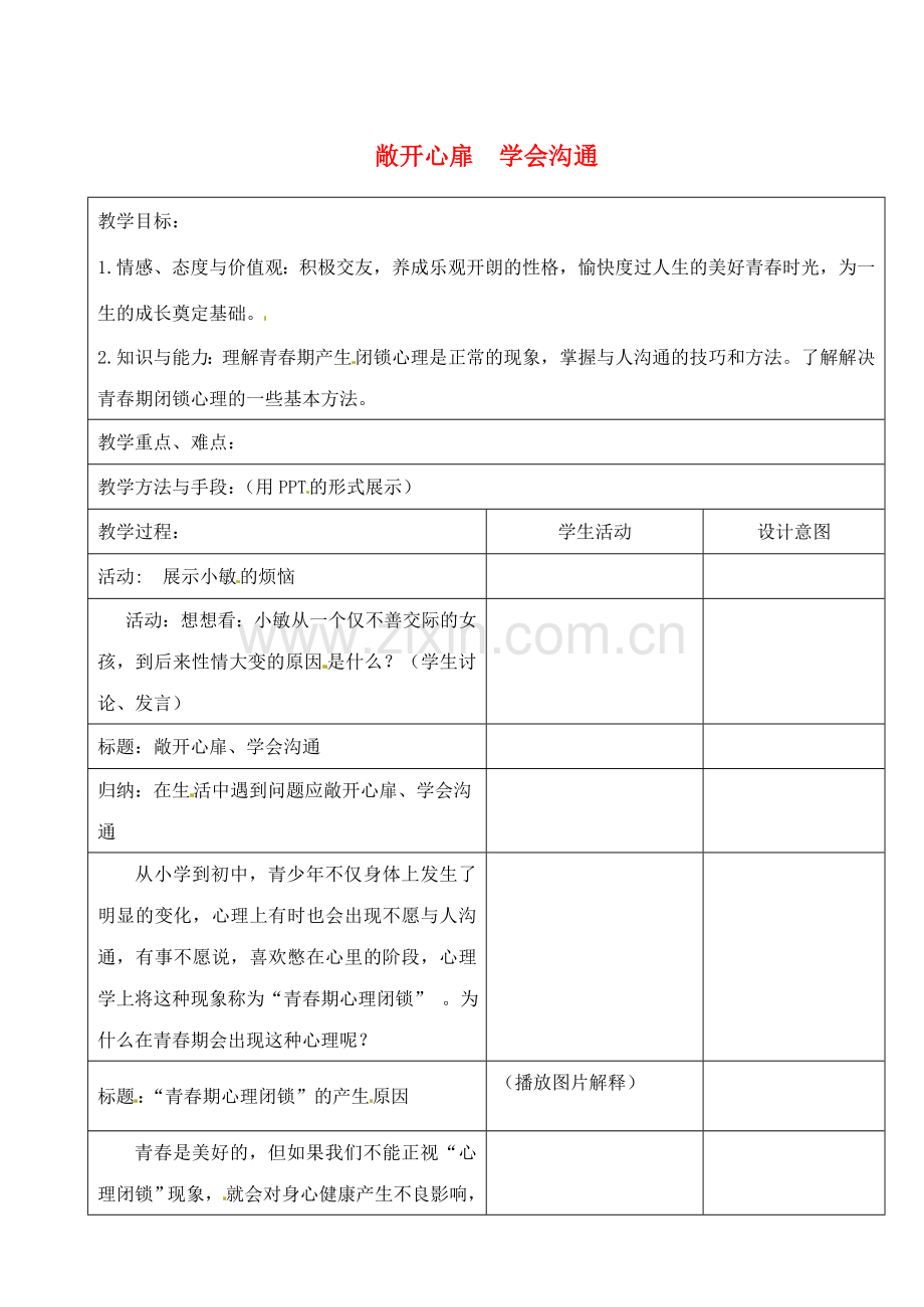 江苏省昆山市锦溪中学七年级政治下册 17.2 敞开心屝 学会沟通教案 苏教版.doc_第1页