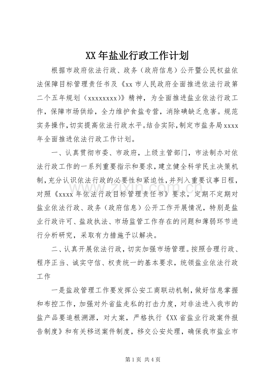 XX年盐业行政工作计划.docx_第1页