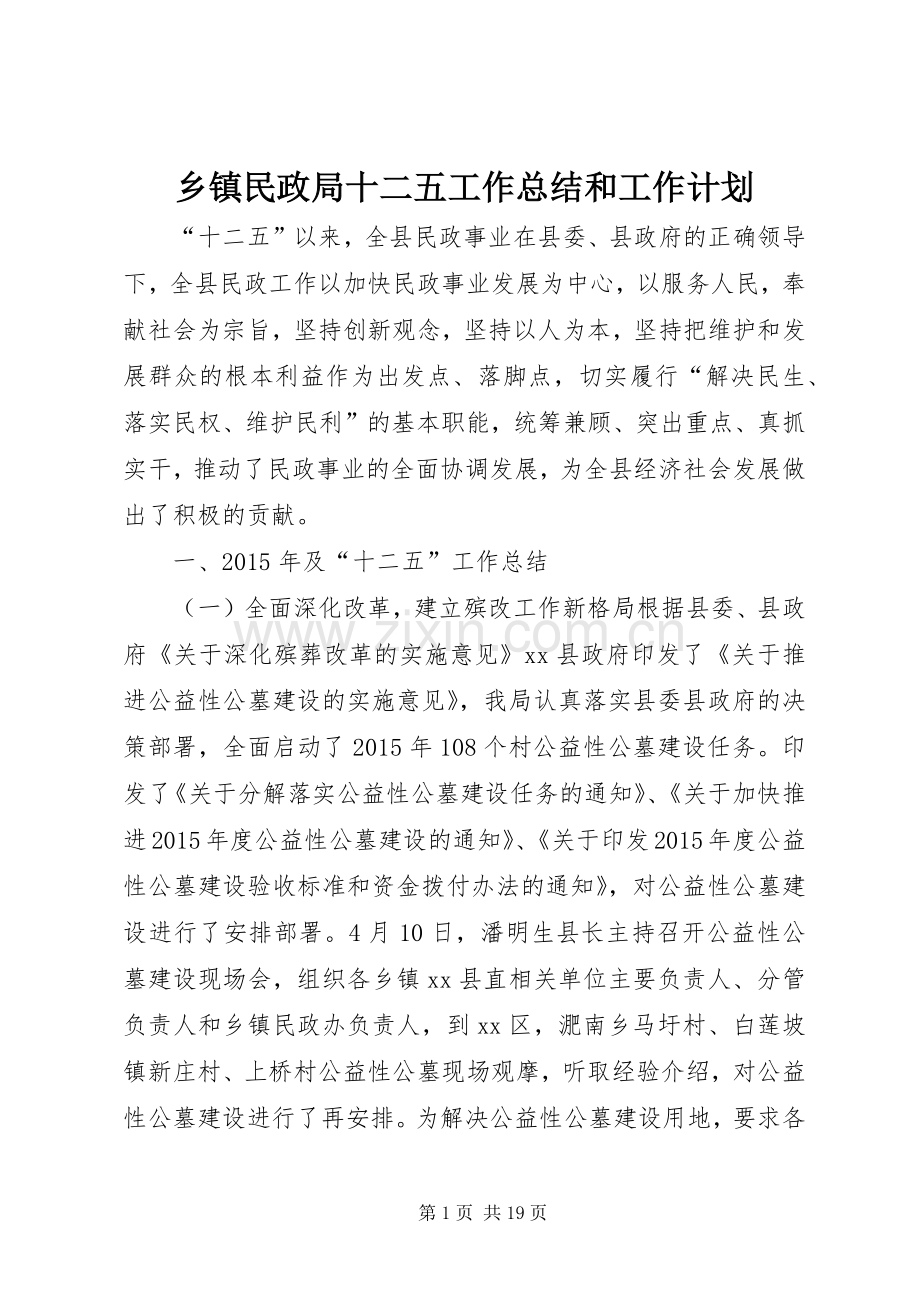 乡镇民政局十二五工作总结和工作计划.docx_第1页