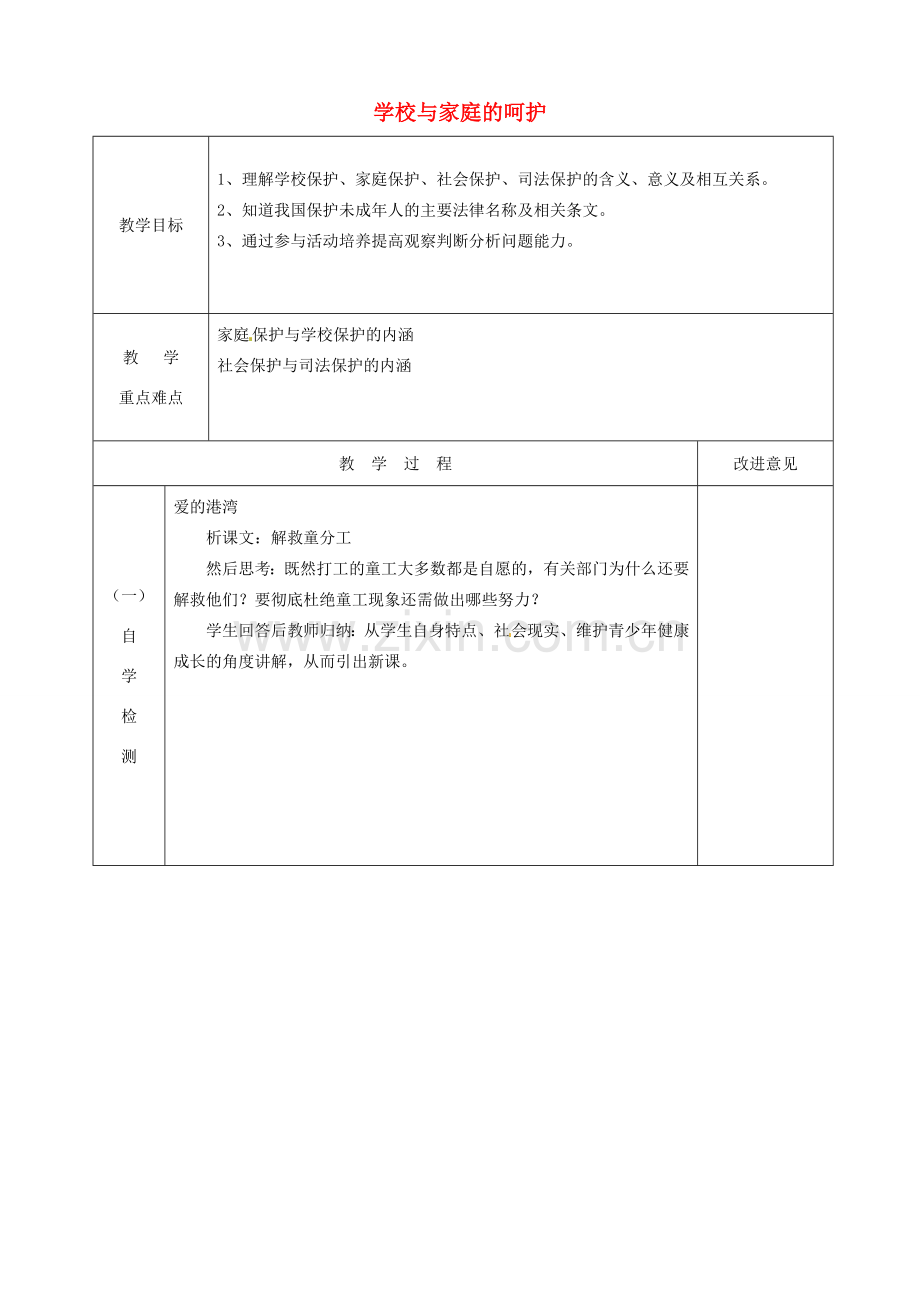 江苏省宿迁市宿城区埠子初级中学七年级政治下册 第20课 法律护我成长 第1框 学校与家庭的呵护教案 苏教版.doc_第1页