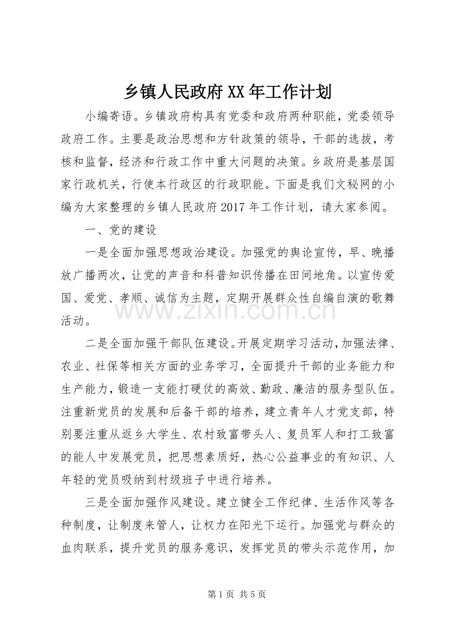 乡镇人民政府XX年工作计划.docx_第1页