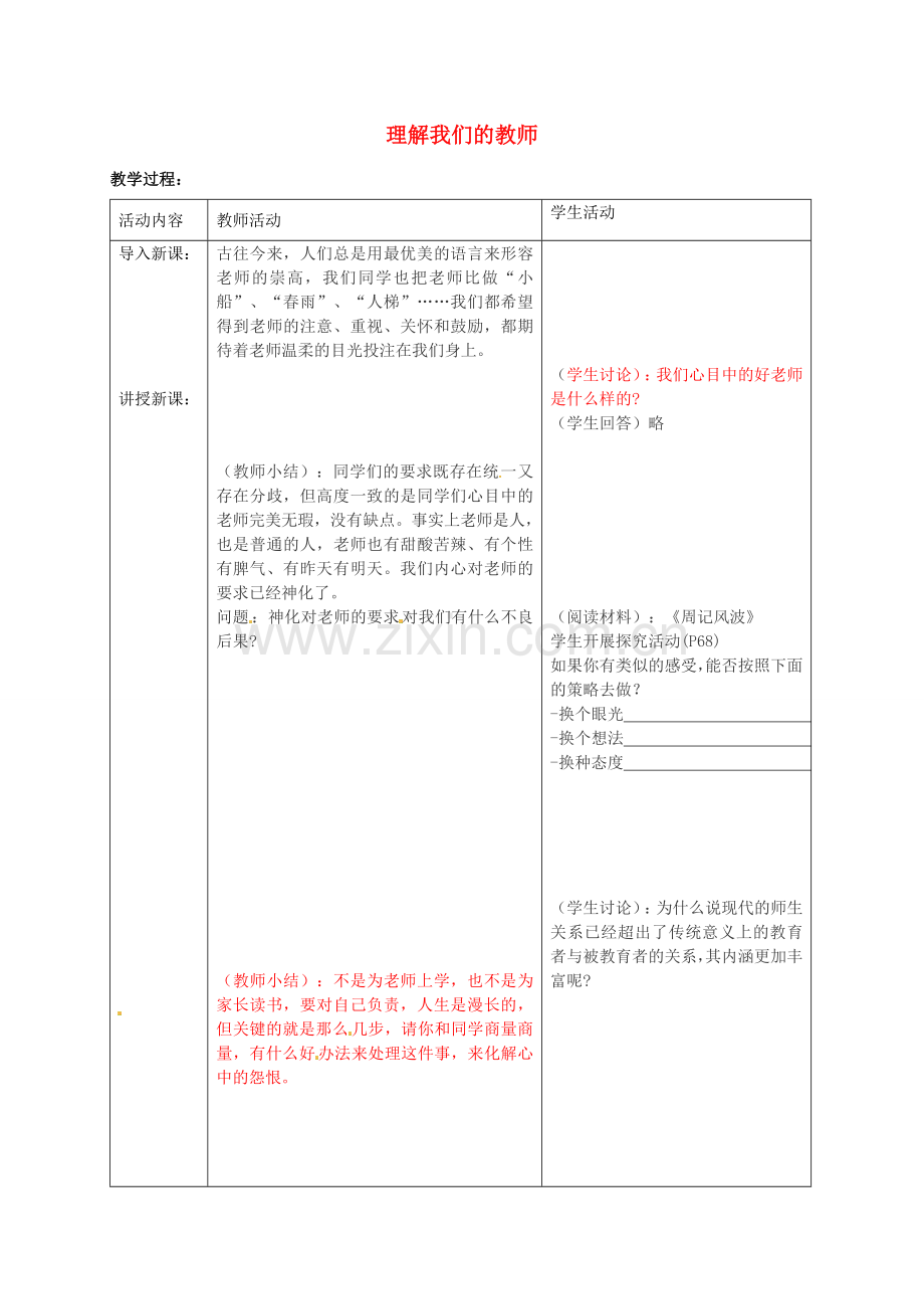 八年级政治上册 第六课 第2框 理解我们的老师教案 苏教版-苏教版初中八年级上册政治教案.doc_第1页