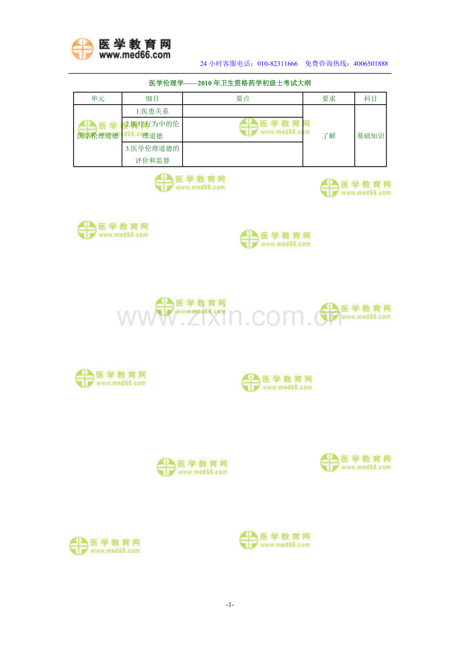 医学伦理学——2010年卫生资格药学初级士考试大纲.doc_第1页