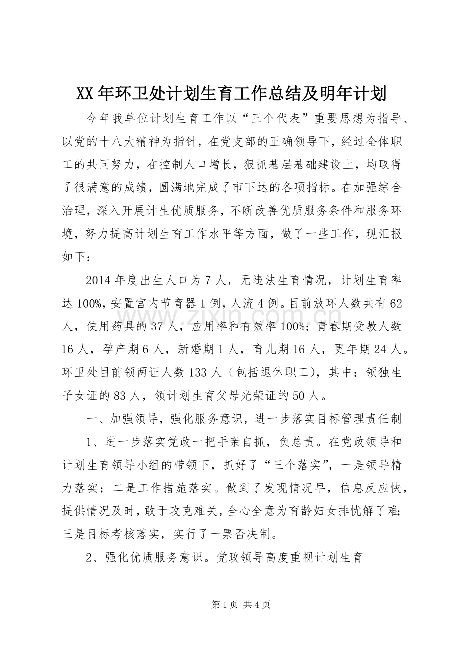 XX年环卫处计划生育工作总结及明年计划.docx_第1页