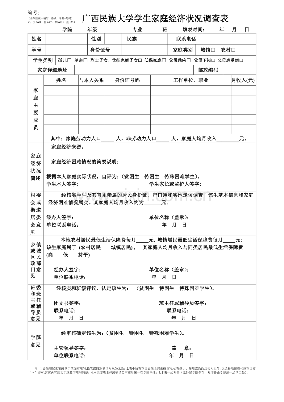 广西民族大学学生家庭经济状况调查表.doc_第1页