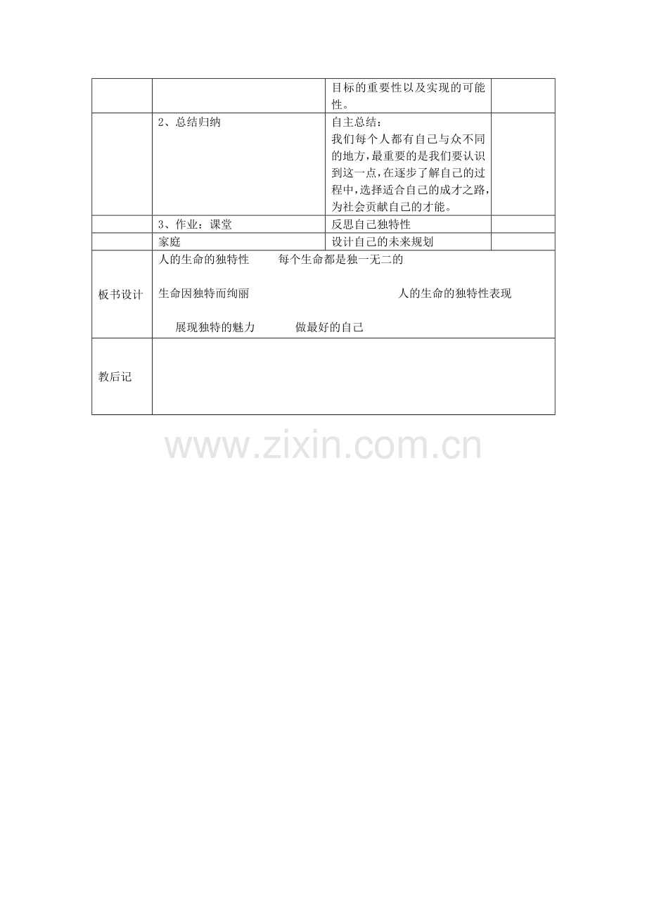 七年级政治上册 第二单元 第三课 第2框 生命因独特而绚丽教案 新人教版-新人教版初中七年级上册政治教案.doc_第3页