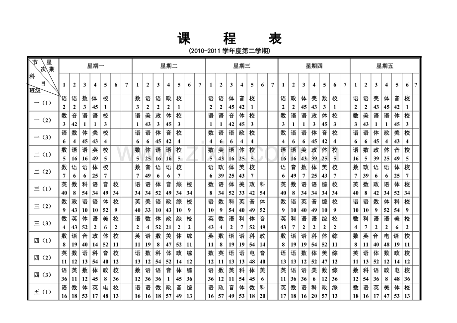 九江嘉华学校2011年春季学期课程表.doc_第1页