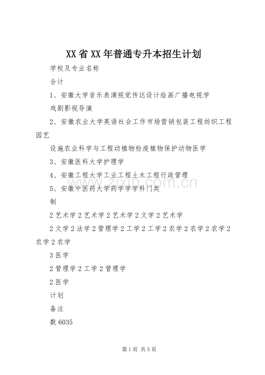 XX省XX年普通专升本招生计划.docx_第1页