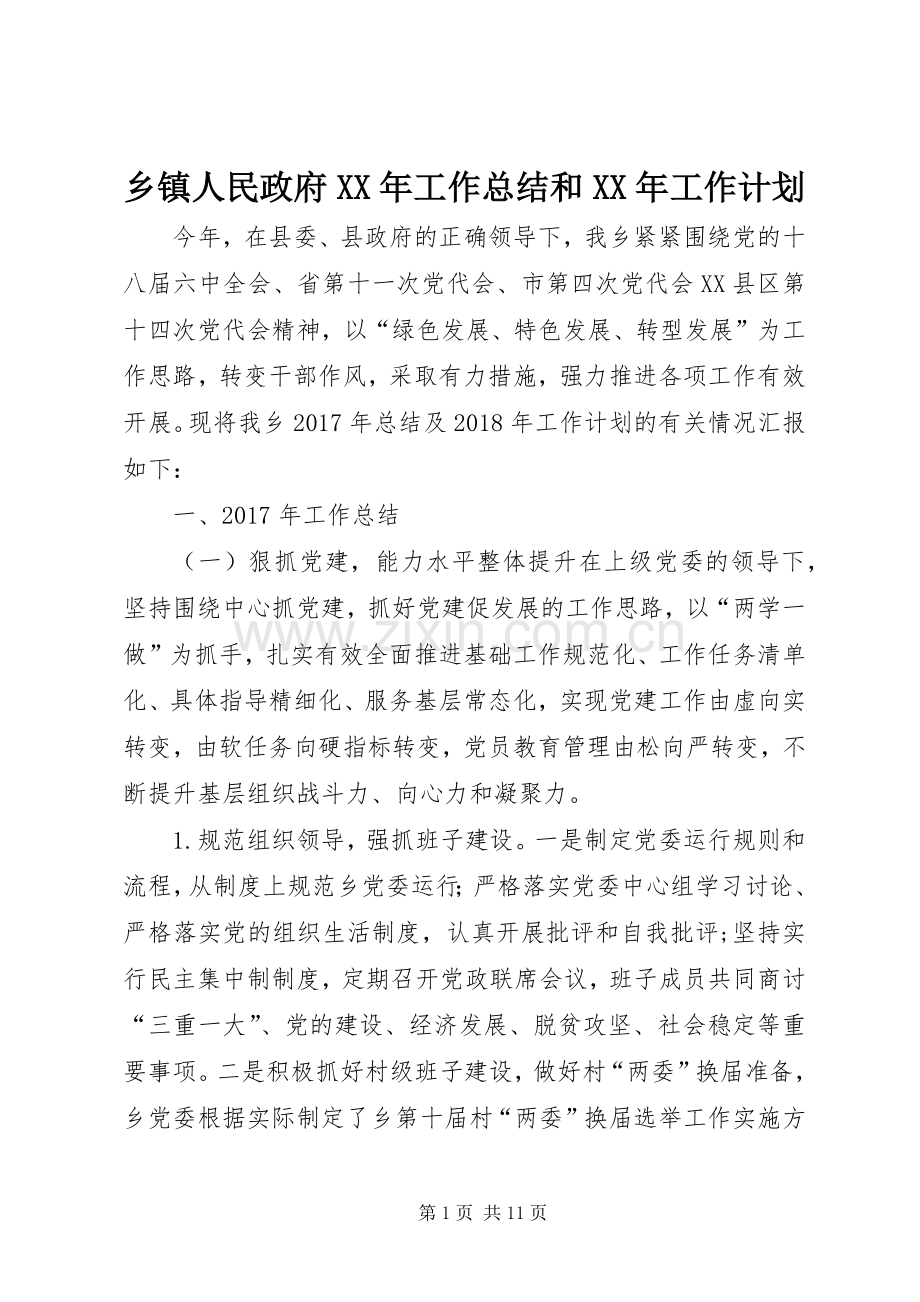 乡镇人民政府XX年工作总结和XX年工作计划.docx_第1页