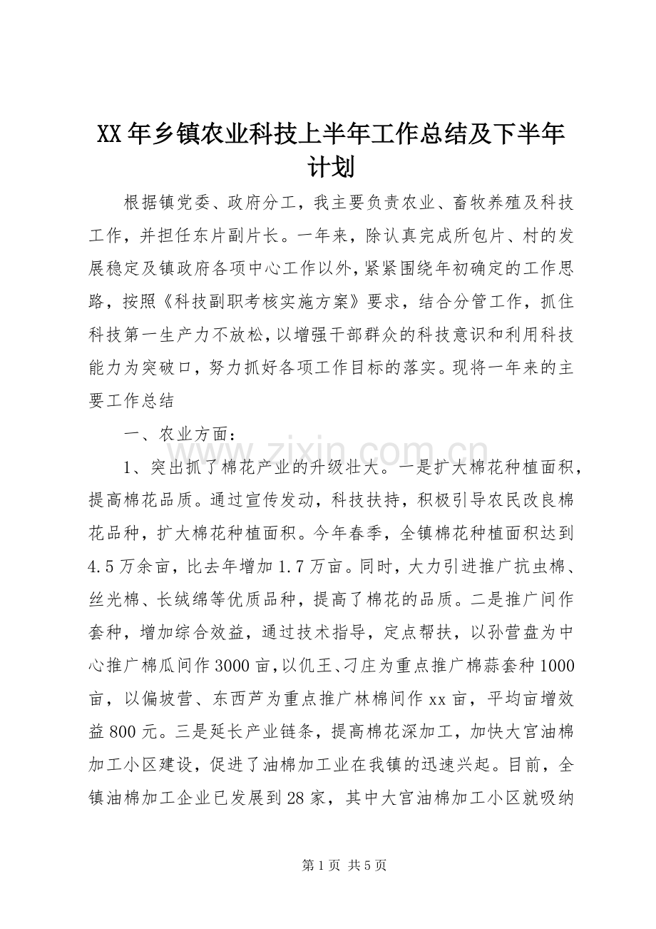 XX年乡镇农业科技上半年工作总结及下半年计划.docx_第1页