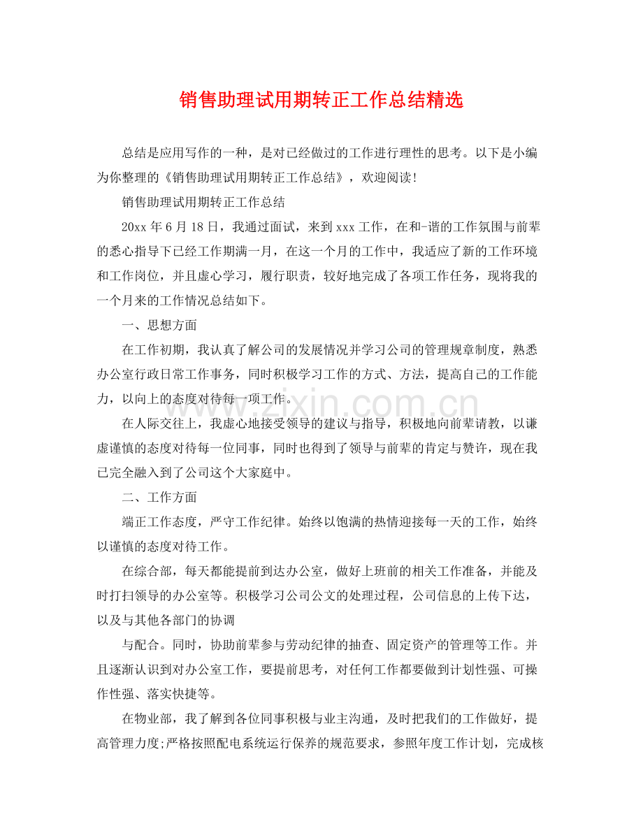 销售助理试用期转正工作总结 .docx_第1页