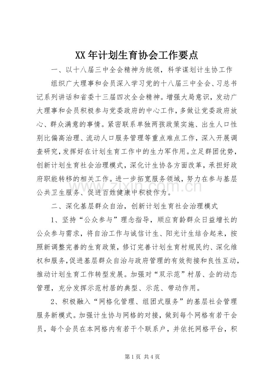 XX年计划生育协会工作要点.docx_第1页