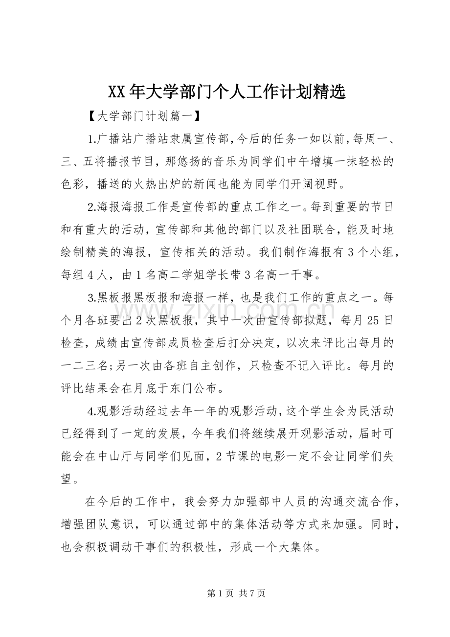 XX年大学部门个人工作计划.docx_第1页