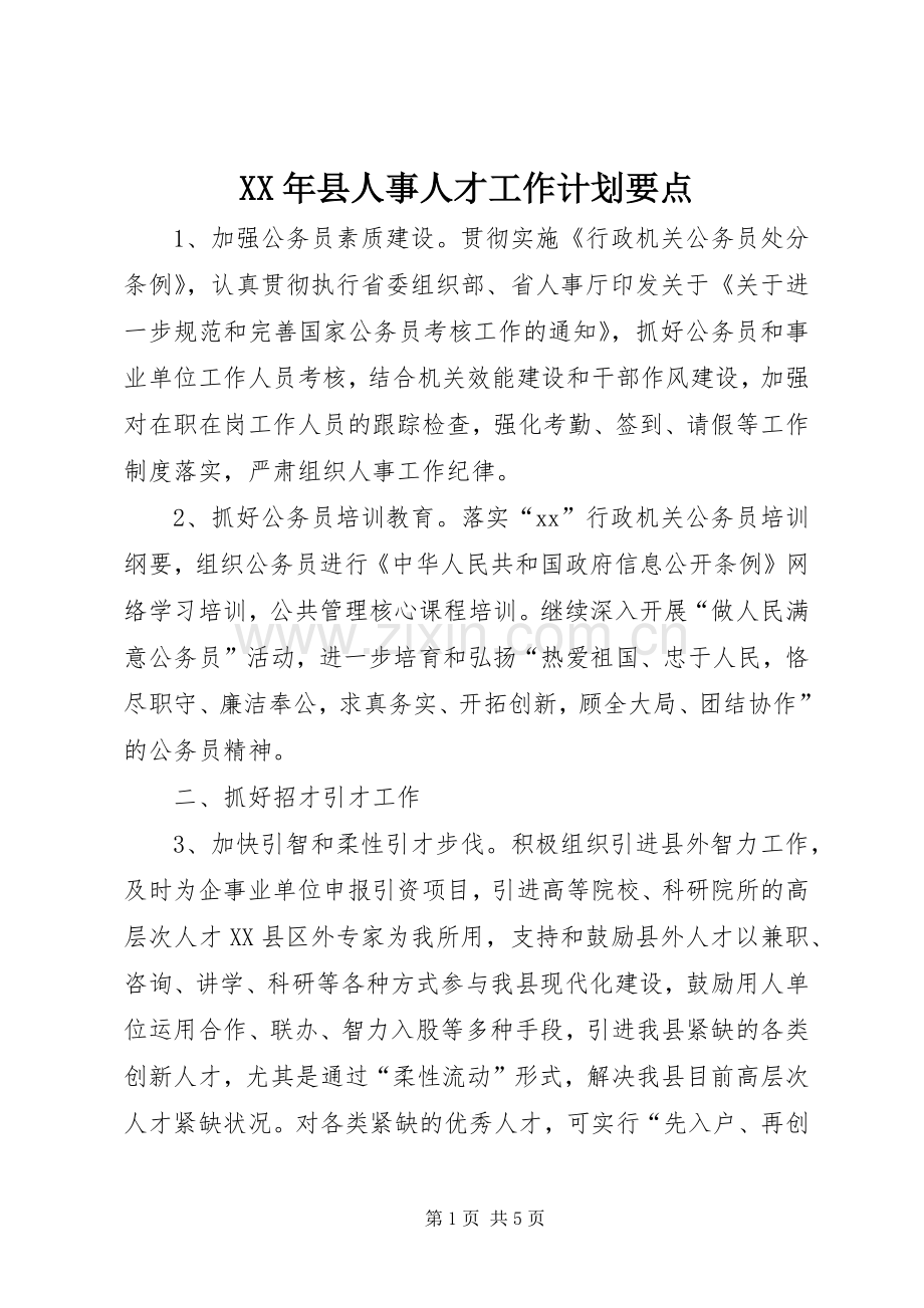 XX年县人事人才工作计划要点 .docx_第1页