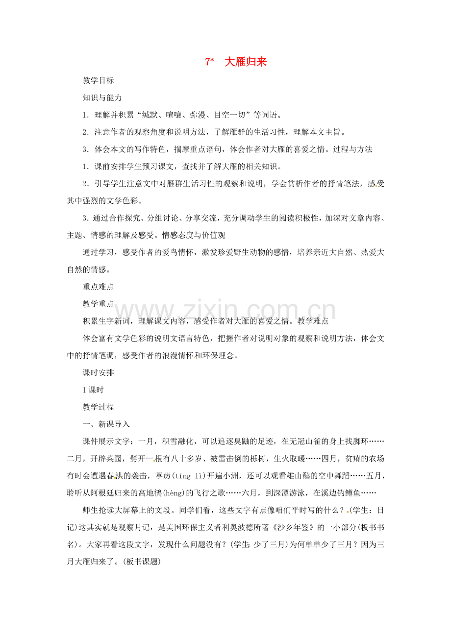 春八年级语文下册 第二单元 7 大雁归来教案 新人教版-新人教版初中八年级下册语文教案.doc_第1页