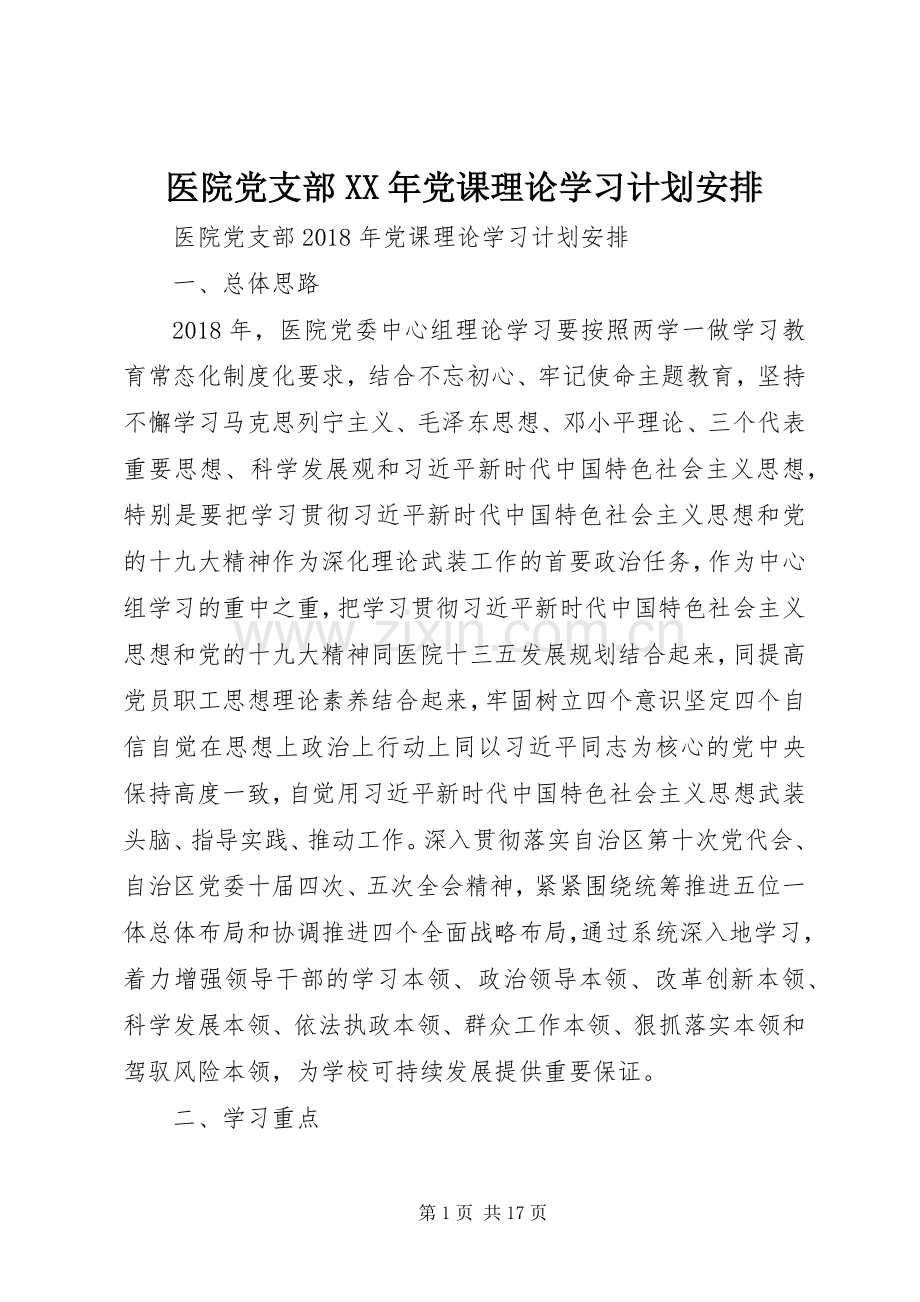 医院党支部XX年党课理论学习计划安排.docx_第1页