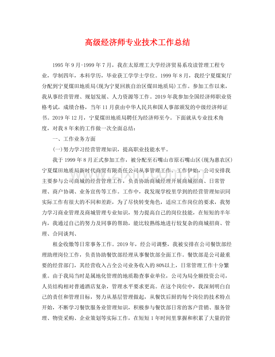 高级经济师专业技术工作总结 .docx_第1页