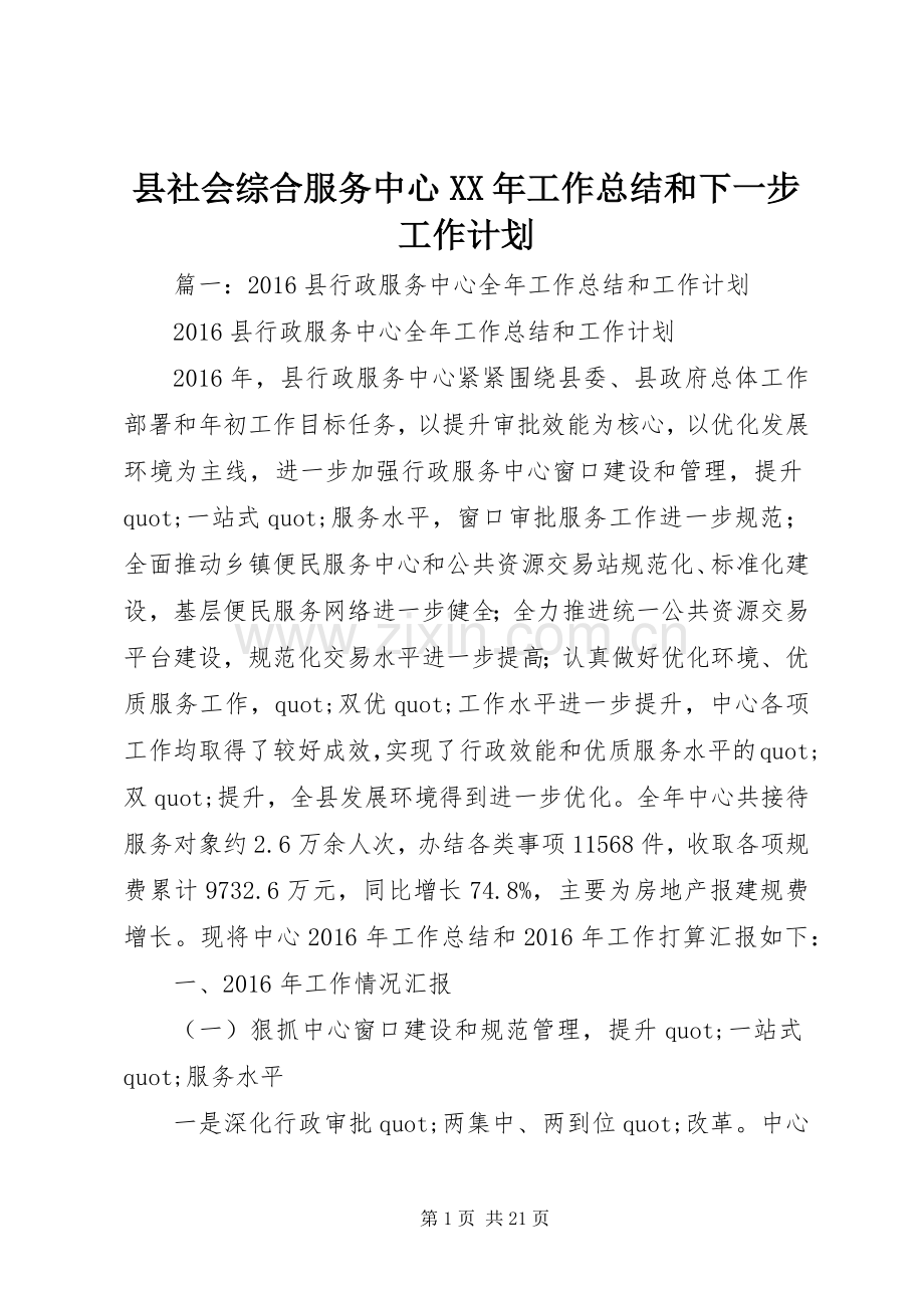 县社会综合服务中心XX年工作总结和下一步工作计划.docx_第1页