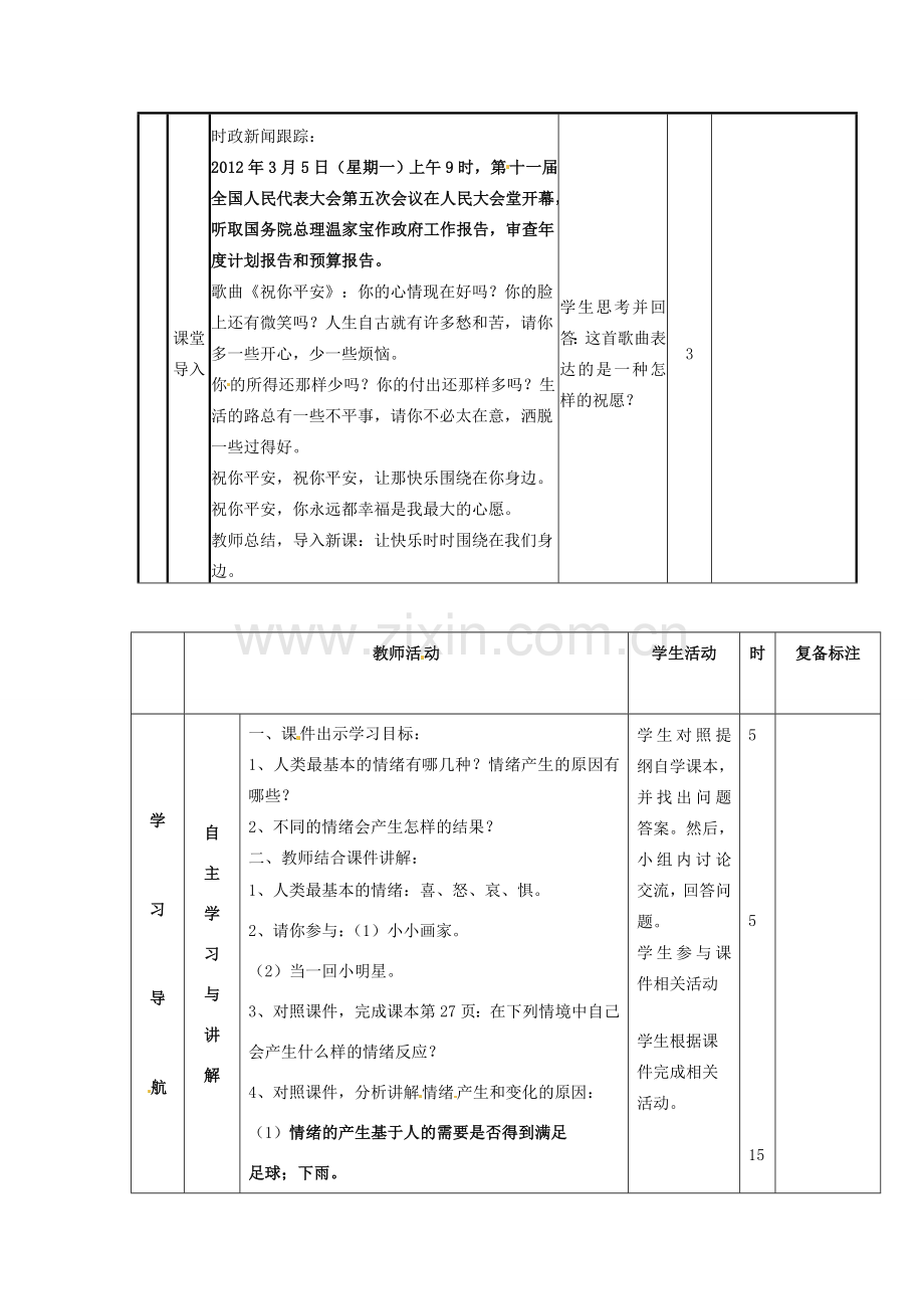 山东省邹平县实验中学七年级政治下册《13.1 你了解自己的情绪吗》教案 鲁教版.doc_第2页