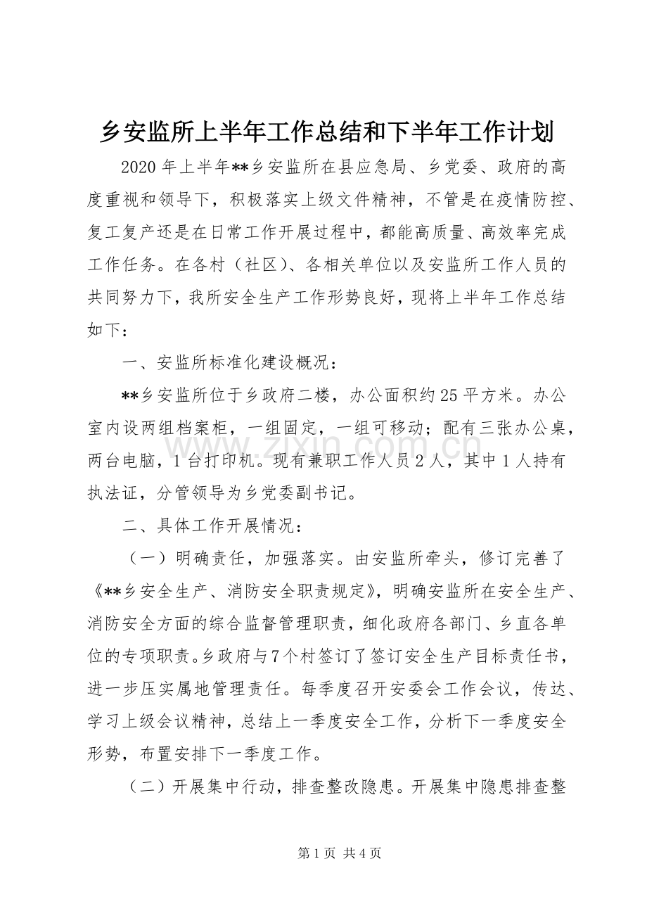 乡安监所上半年工作总结和下半年工作计划.docx_第1页