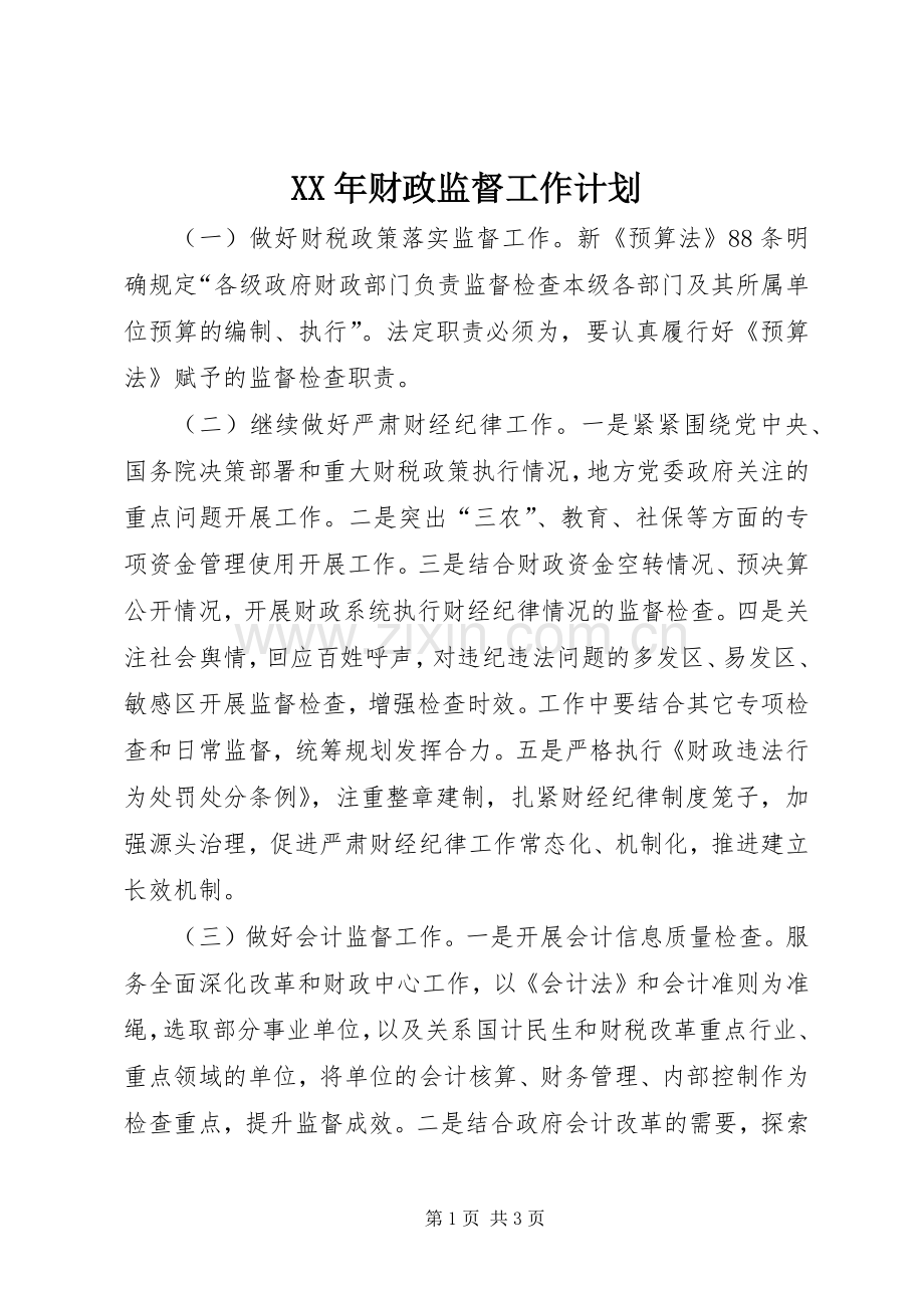 XX年财政监督工作计划.docx_第1页