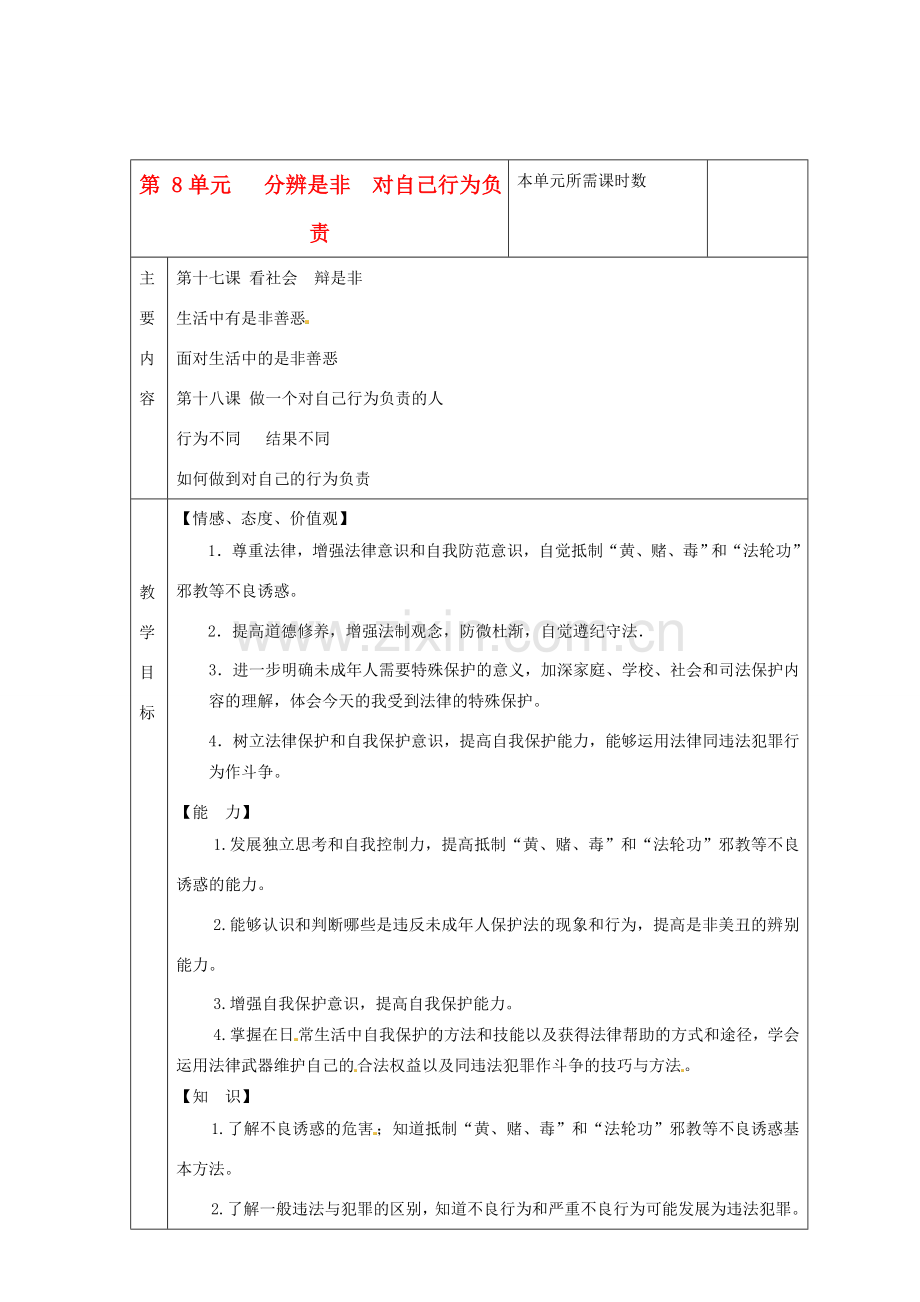 山东省邹平县实验中学七年级政治下册 第8单元 分辨是非对自己行为负责教案 北师大版.doc_第1页