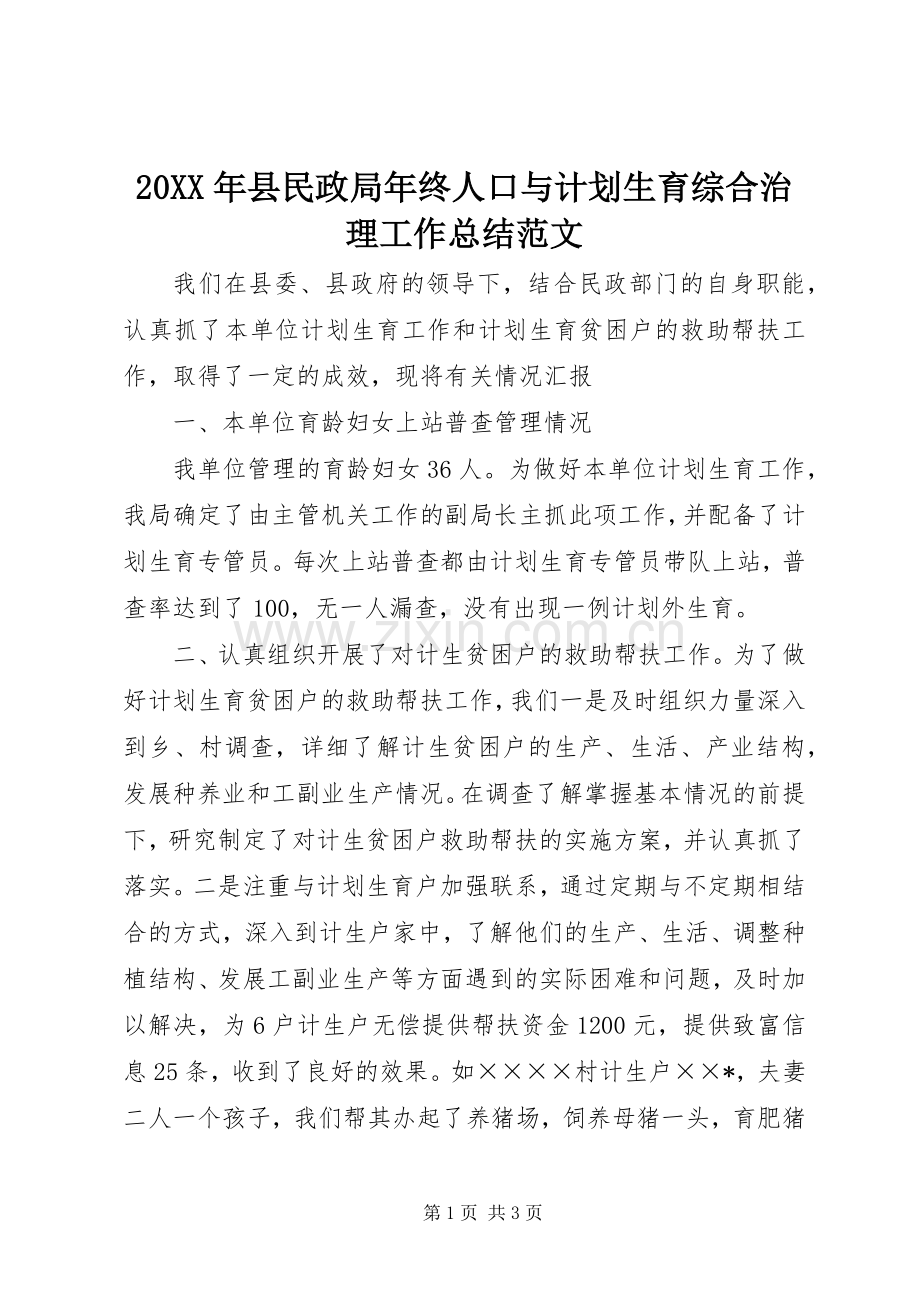 20XX年县民政局年终人口与计划生育综合治理工作总结范文.docx_第1页