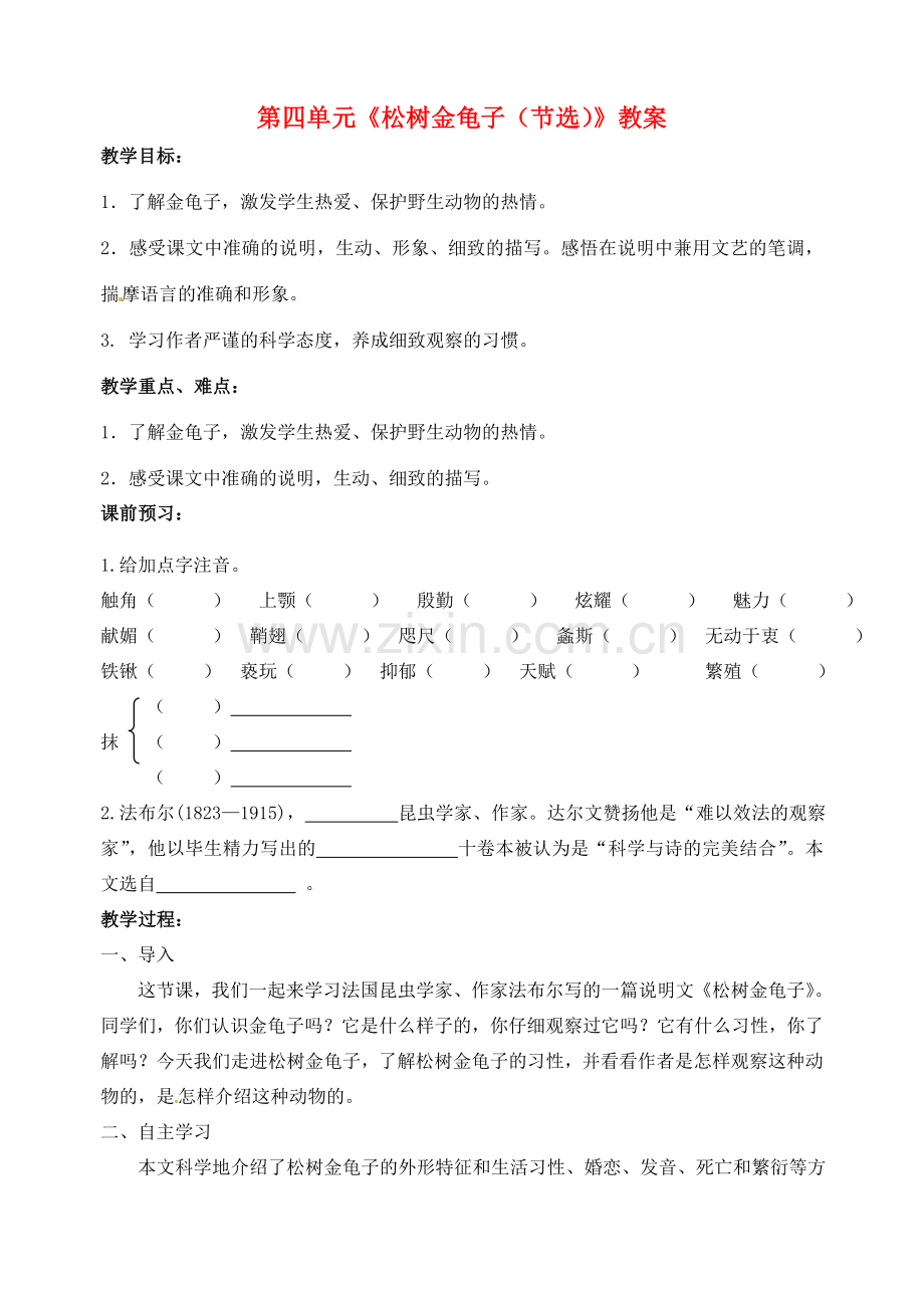 江苏省洪泽外国语中学七年级语文下册 第四单元《松树金龟子（节选）》教案 苏教版.doc_第1页