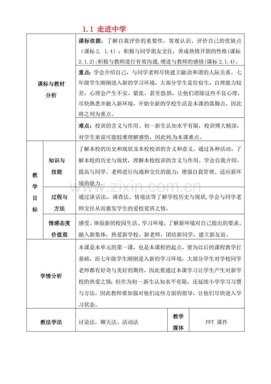 四川省自贡市汇东实验学校七年级政治上册 1.1 走进中学教案 教科版.doc_第1页