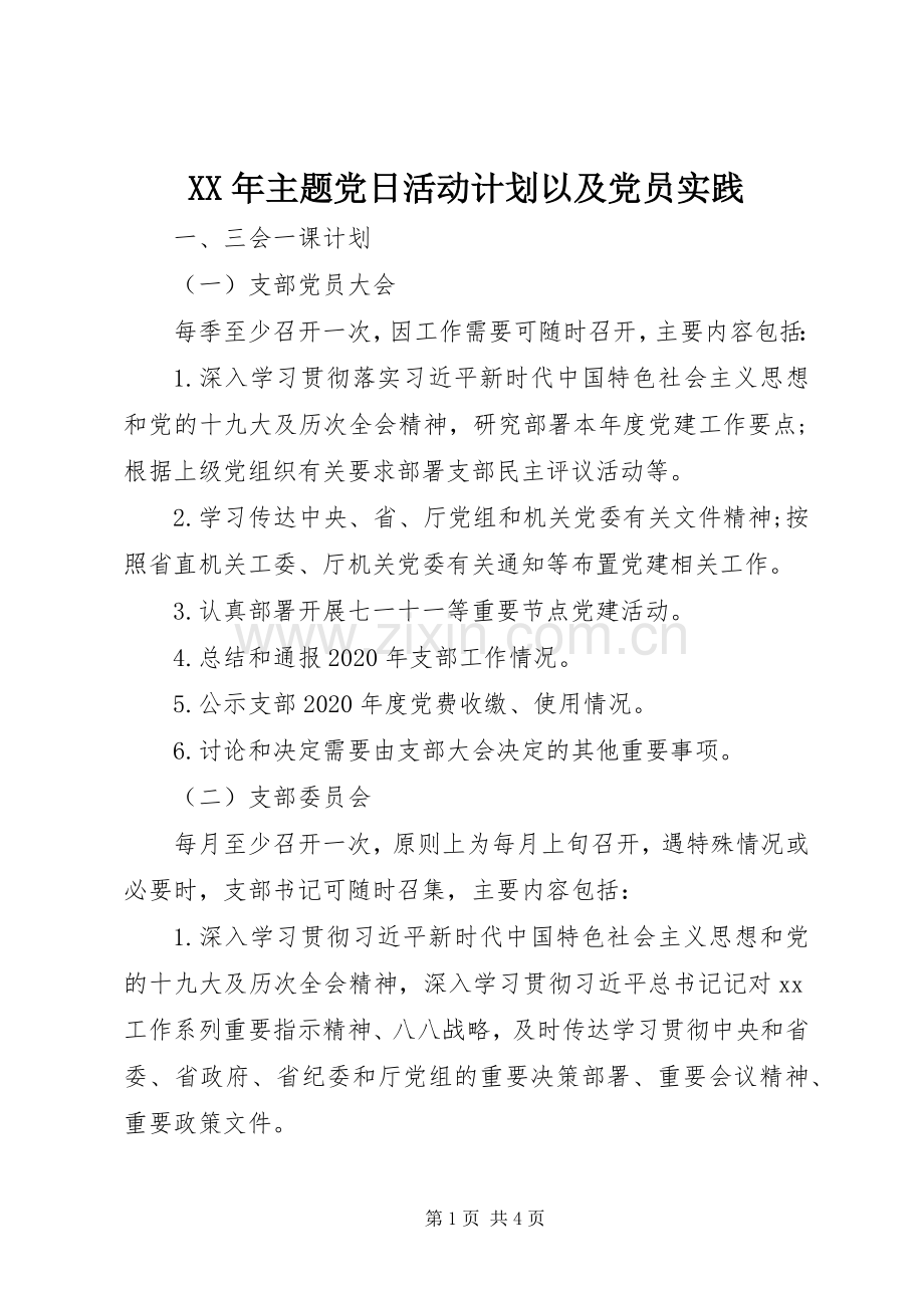 XX年主题党日活动计划以及党员实践.docx_第1页