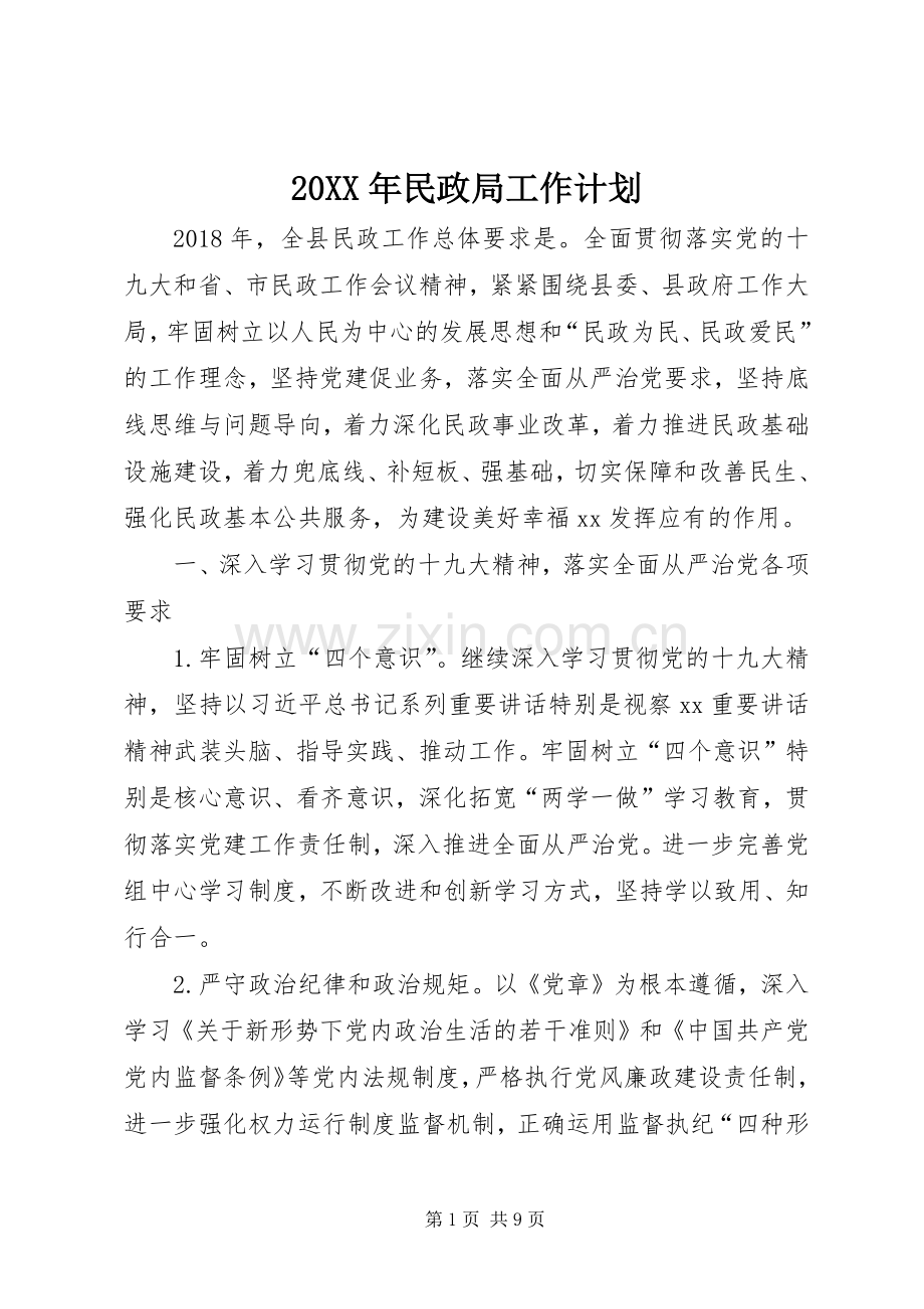 20XX年民政局工作计划.docx_第1页