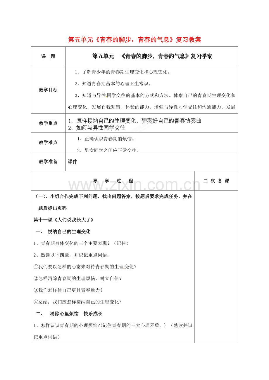 山东省枣庄市峄城区吴林街道中学七年级政治下册 第五单元《青春的脚步青春的气息》复习教案 鲁教版.doc_第1页