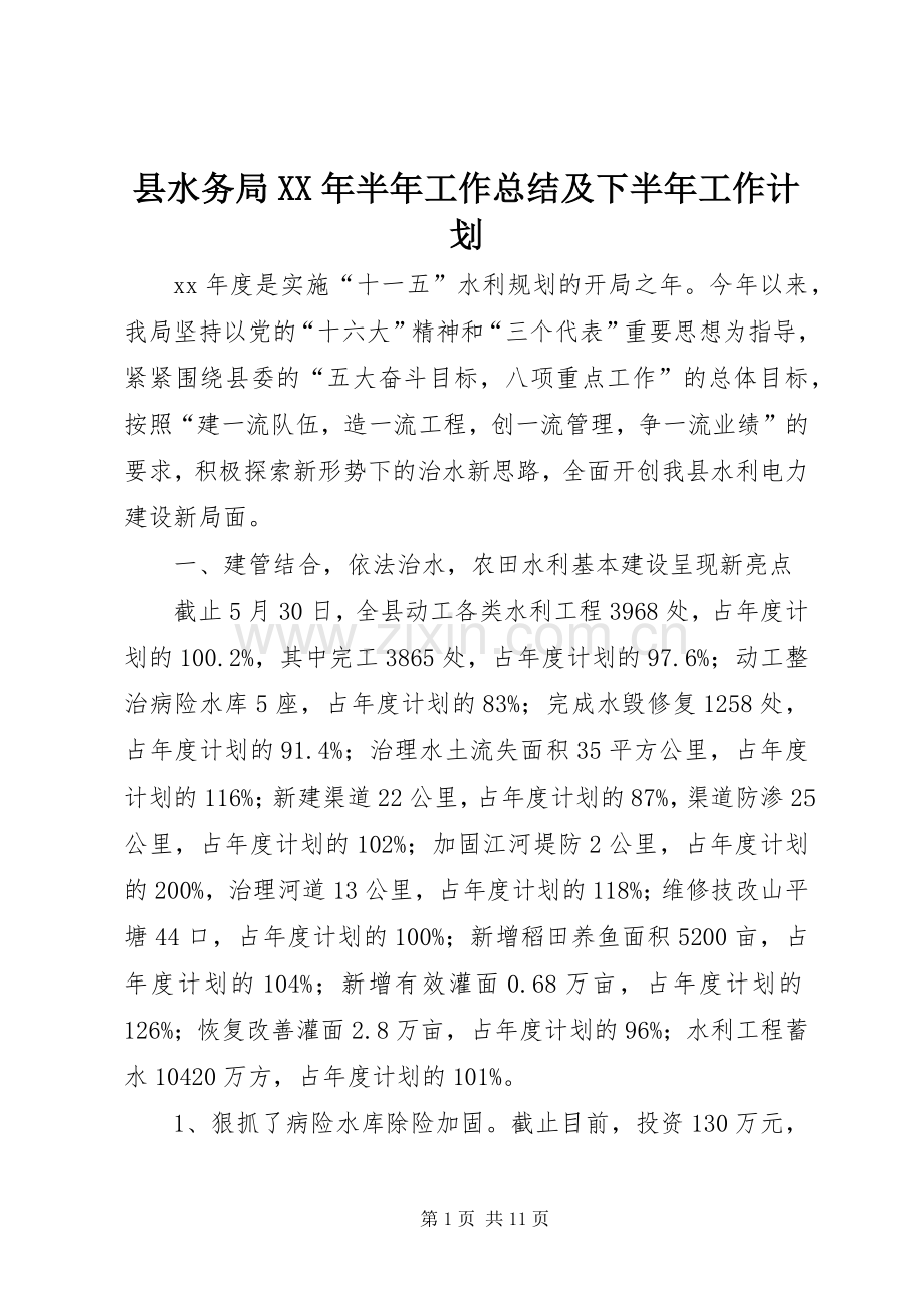 县水务局XX年半年工作总结及下半年工作计划.docx_第1页