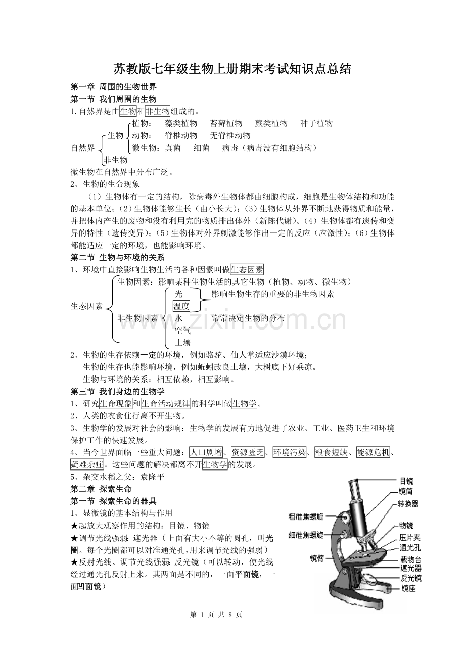 苏教版七年级生物第一学期期末考试知识点总结.doc_第1页