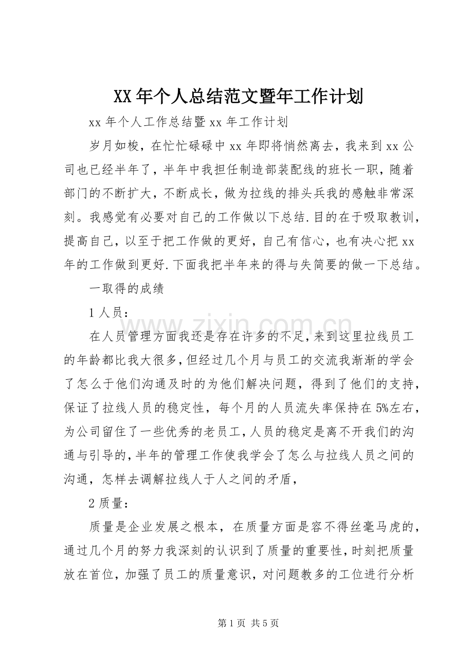 XX年个人总结范文暨年工作计划.docx_第1页