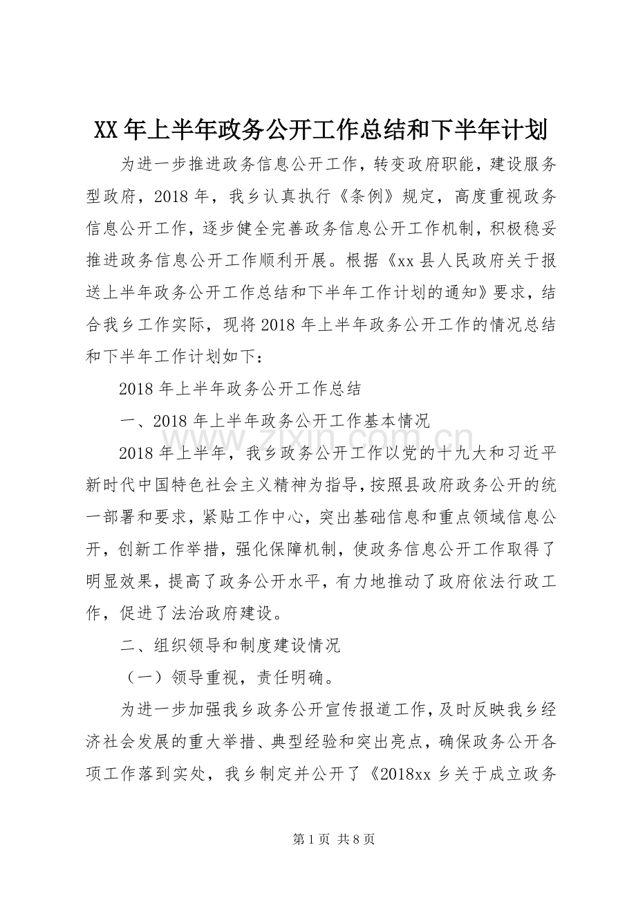 XX年上半年政务公开工作总结和下半年计划.docx_第1页