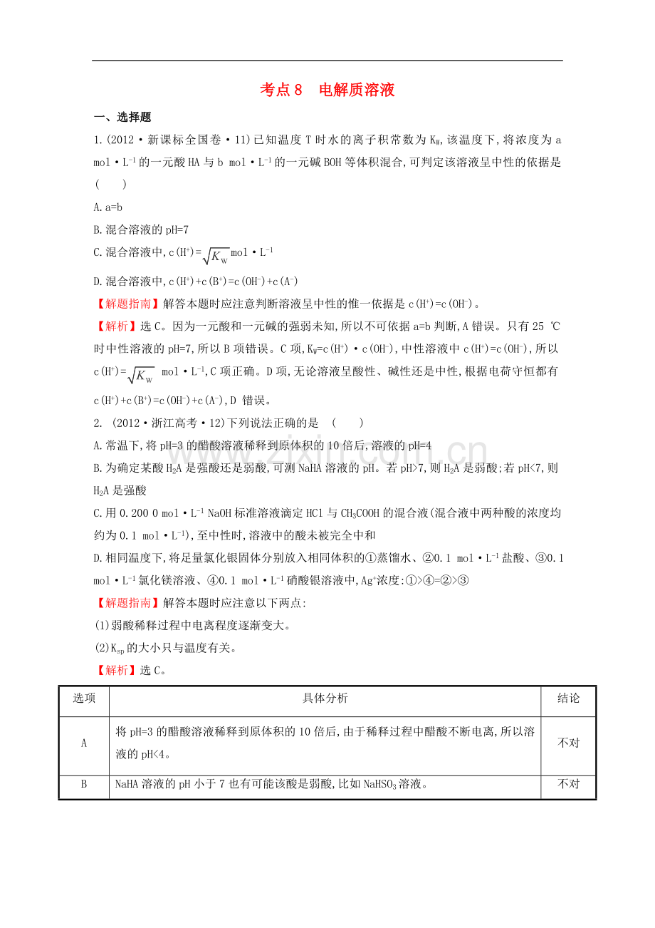 (新课标)2012年高考化学-考点汇总-考点8-电解质溶液.doc_第1页