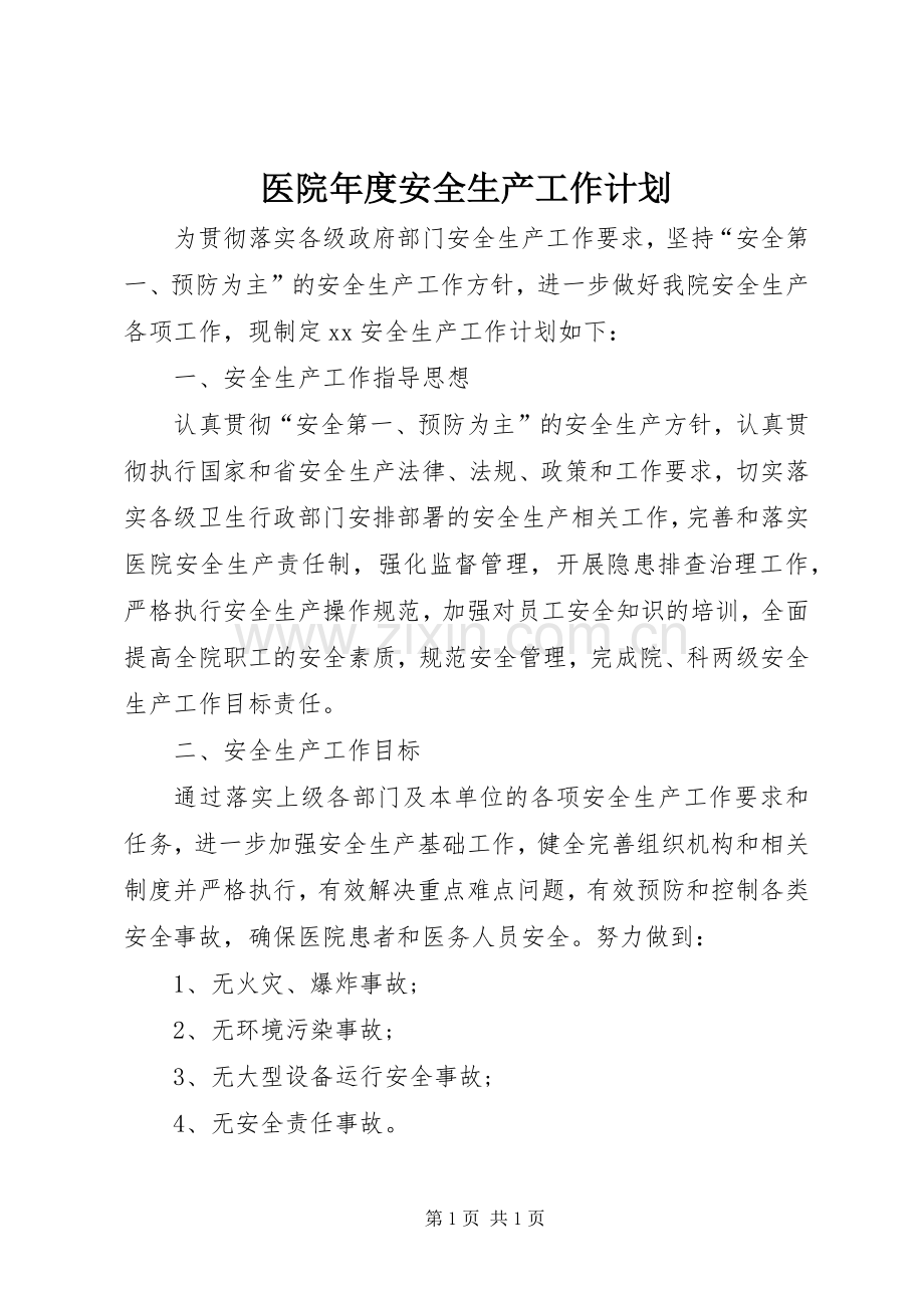 医院年度安全生产工作计划 .docx_第1页