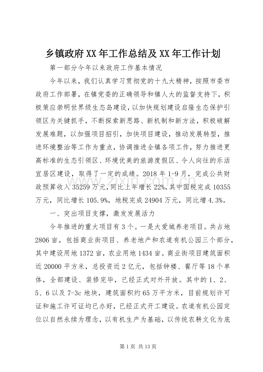 乡镇政府XX年工作总结及XX年工作计划.docx_第1页