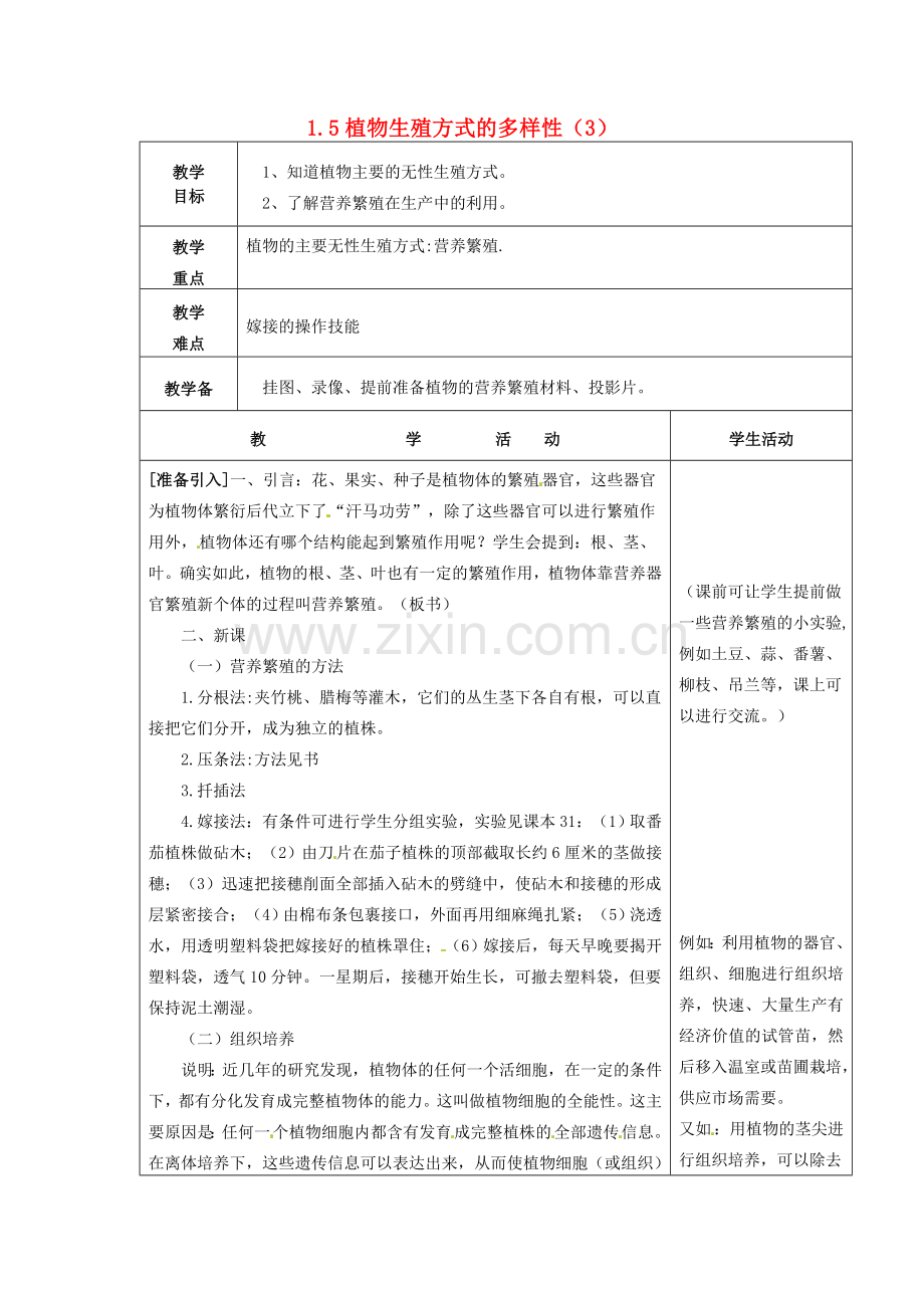 七年级科学下册 1.5 植物生殖方式的多样性（3）教案 （新版）浙教版-（新版）浙教版初中七年级下册自然科学教案.doc_第1页