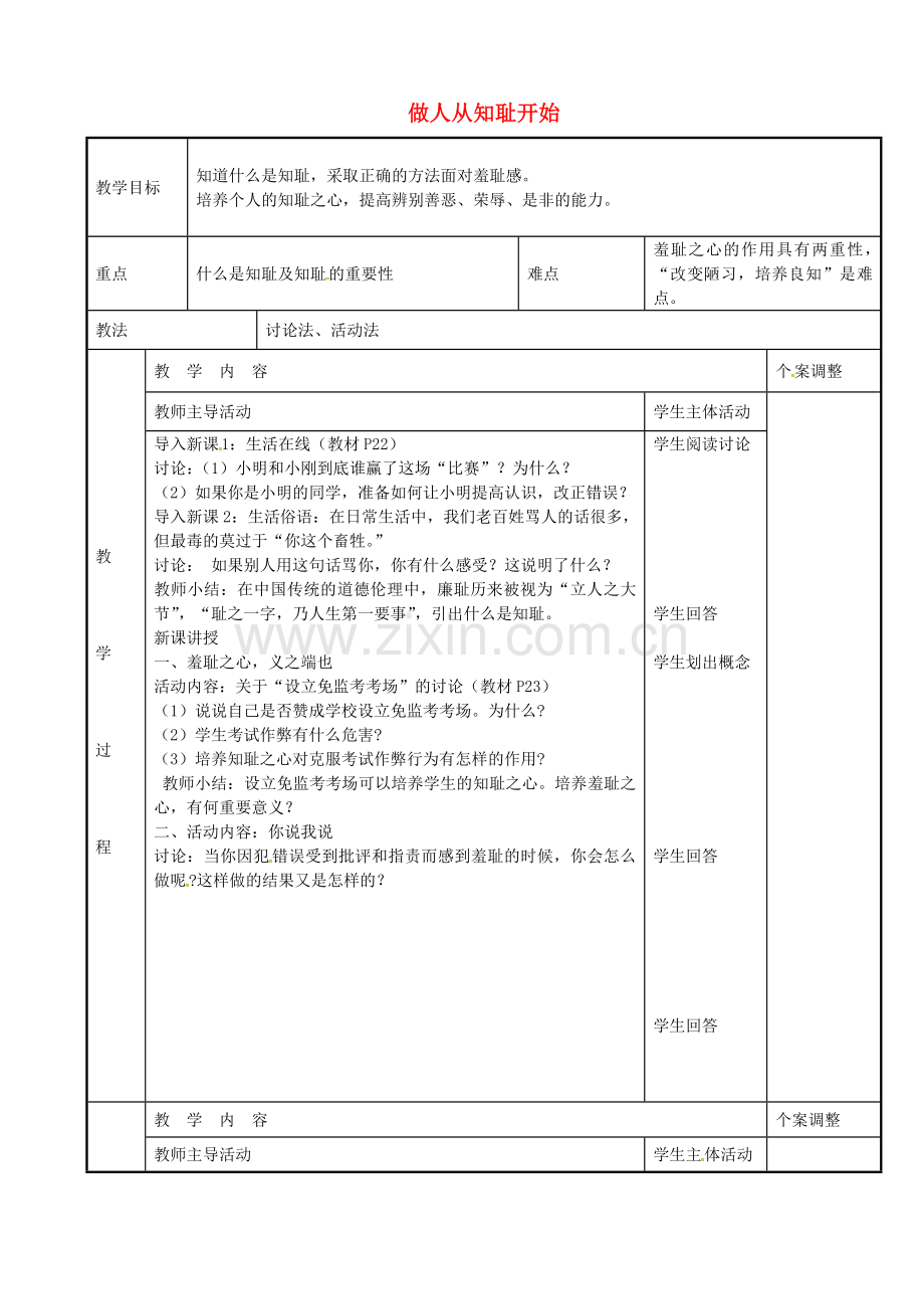 七年级政治上册 3.1 做人从知耻开始教案 苏教版-苏教版初中七年级上册政治教案.doc_第1页