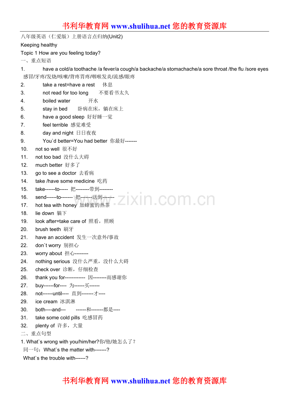 八年级英语（仁爱版）上册语言点归纳(Unit2).doc_第1页