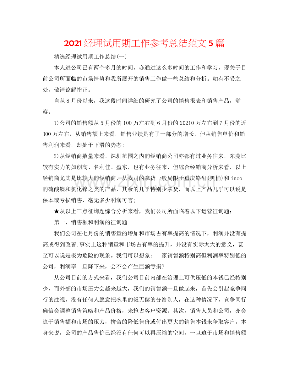 经理试用期工作参考总结范文5篇.docx_第1页