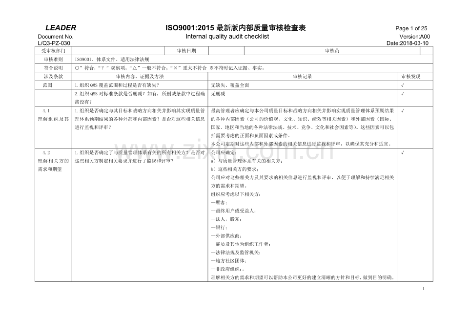 ISO9001-2015内审检查表(附检查记录).doc_第1页