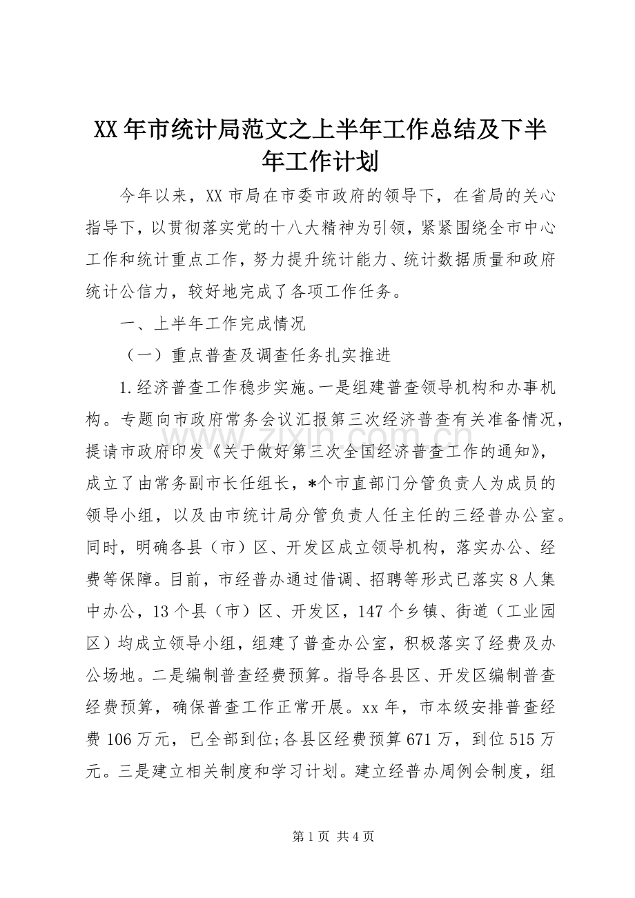 XX年市统计局范文之上半年工作总结及下半年工作计划.docx_第1页