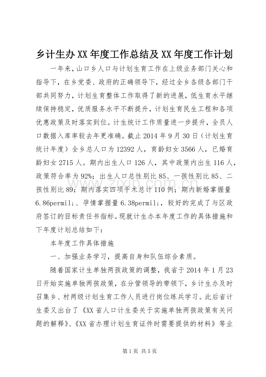 乡计生办XX年度工作总结及XX年度工作计划.docx_第1页