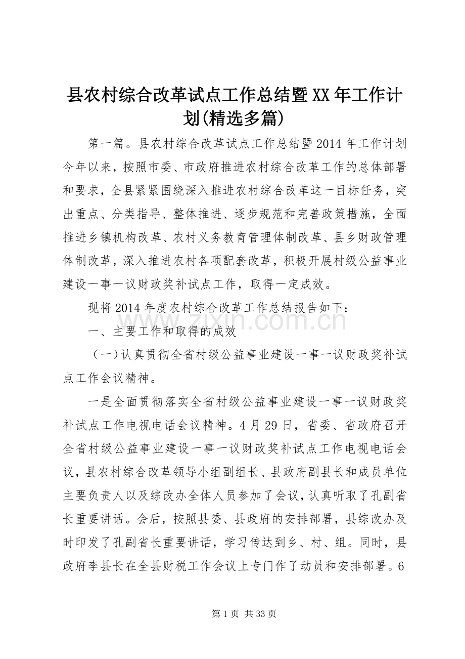 县农村综合改革试点工作总结暨XX年工作计划(多篇).docx_第1页